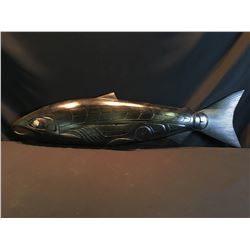 SQUAMISH NATION ARTIST CRAIG VOISIN, HAND CARVED SALMON PANEL WITH DARK STAIN AND ABALONE INLAID