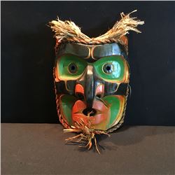 HAND CARVED AND PAINTED WILD MAN "BUKWUS" MASK, BY SQUAMISH NATION ARTIST RICHARD BAKER, WITH WOVEN