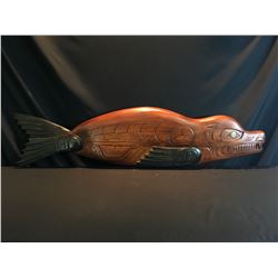 CRAIG VOISIN HAND CARVED SEA LION PANEL WITH ABALONE INLAID ACCENT, TWO TONE STAIN FINISH, 67''