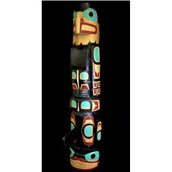 DARREN YELTON, 10' TALL TOTEM POLE OF A BALD EAGLE STANDING ON A KILLER WHALE, MADE FROM 300 YEAR