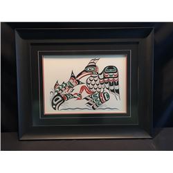 KWAGIULTH ARTIST TONY HUNT JR., FRAMED LIMITED EDITION PRINT, "KINGFISHER & SALMON", 140/180,