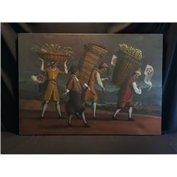 J. BENDER, ORIGINAL OIL ON CANVAS PAINTING OF FOUR MEN WALKING WITH HARVEST, UNFRAMED, DATED 2000,