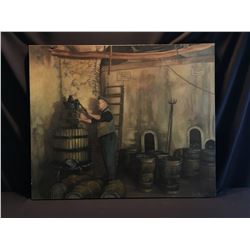 JANIS LEE, ORIGINAL OIL ON CANVAS PAINTING, UNTITLED, MAN IN WINERY, 2000, SIGNED BY ARTIST ON