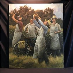 JANIS LEE, ORIGINAL OIL ON CANVAS PAINTING, UNTITLED, MEN IN A VINEYARD, 2000, SIGNED BY ARTIST ON