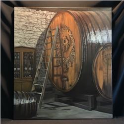 JANIS LEE, ORIGINAL OIL ON CANVAS PAINTING, UNTITLED, WINE CASK IN CELLAR, 2000, 54'' X 47 1/2''