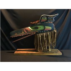 DAVID MUNGO KNOX, HAND CARVED AND PAINTED "SEA RAVEN" MASK, WITH CEDAR BARK ACCENTS, COPPER TEETH,