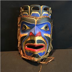 BRIAN SPENCE, HAND CARVED AND PAINTED "KING OF SEA" MASK, FROM SQUAMISH, B.C., CEDAR BARK ACCENTS,