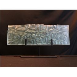 JOHN NUTTER HAIDA BOX DESIGN, ETCHED RECTANGULAR GLASS PANEL ON METAL BASE, 23'' WIDE