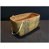 Image 2 : HAND WOVEN WEST COAST NATIVE BASKET WITH LEATHER HANDLES, 11'' W X 5.5'' T X 6.5'' D