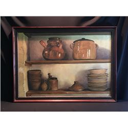 JANIS LEE, FRAMED ORIGINAL OIL ON CANVAS PAINTING, UNTITLED, KITCHEN SHELVES, DATED 1999, 45 3/4''