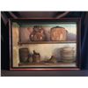 Image 1 : JANIS LEE, FRAMED ORIGINAL OIL ON CANVAS PAINTING, UNTITLED, KITCHEN SHELVES, DATED 1999, 45 3/4''