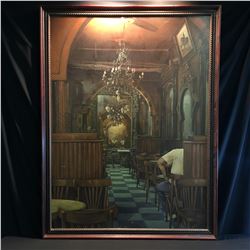 VERY LARGE, FRAMED UNTITLED ORIGINAL OIL ON CANVAS PAINTING OF A RESTAURANT, ARTIST UNKNOWN 80'' X