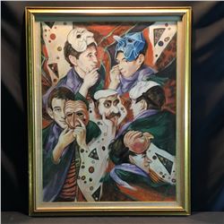 SHELDON C. SCHONEBERG, FRAMED ORIGINAL PASTEL, FIVE MEN WEARING MASKS, SIGNED AND DATED BY ARTIST