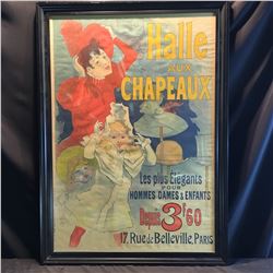 "HALLE AUX CHAPEAUX" LARGE FRAMED VINTAGE FRENCH ADVERTISING POSTER,