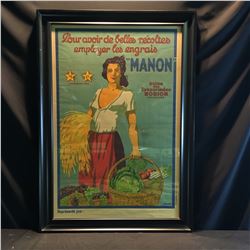 "MANON [FRENCH FERTILIZER]" LARGE FRAMED VINTAGE FRENCH ADVERTISING POSTER,