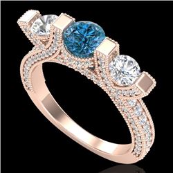 2.3 CTW Fancy Intense Blue Diamond Micro Pave 3 Stone Ring 18K Rose Gold - REF-236K4W - 37643