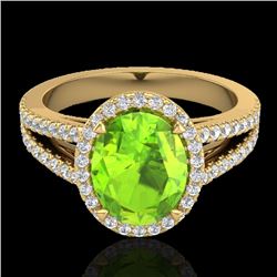 3 CTW Peridot & Micro VS/SI Diamond Halo Solitaire Ring 18K Yellow Gold - REF-72M2F - 20946