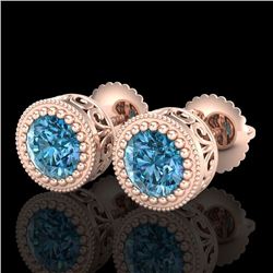 1.09 CTW Fancy Intense Blue Diamond Art Deco Stud Earrings 18K Rose Gold - REF-123M6F - 37482