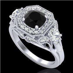 2.11 CTW Fancy Black Diamond Solitaire Art Deco 3 Stone Ring 18K White Gold - REF-180R2K - 38297