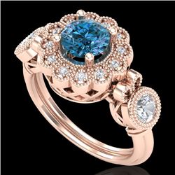 1.50 CTW Intense Blue Diamond Solitaire Art Deco 3 Stone Ring 18K Rose Gold - REF-218N2A - 37853