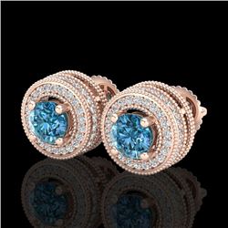 2.09 CTW Fancy Intense Blue Diamond Art Deco Stud Earrings 18K Rose Gold - REF-218M2F - 38014
