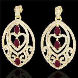 7 CTW Ruby & Micro Pave VS/SI Diamond Heart Earrings Designer 18K Yellow Gold - REF-381Y8X - 21159