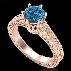 1 CTW Intense Blue Diamond Solitaire Engagement Art Deco Ring 18K Rose Gold - REF-200N2A - 37573