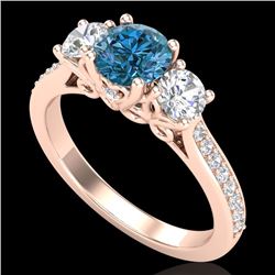 1.67 CTW Intense Blue Diamond Solitaire Art Deco 3 Stone Ring 18K Rose Gold - REF-200A2V - 37811