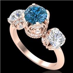 3 CTW Fancy Intense Blue Diamond Solitaire Art Deco 3 Stone Ring 18K Rose Gold - REF-418F2N - 37433