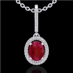 2 CTW Ruby & Micro Pave VS/SI Diamond Necklace Solitaire Halo 18K White Gold - REF-64A2V - 20667