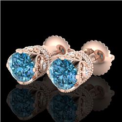 1.85 CTW Fancy Intense Blue Diamond Art Deco Stud Earrings 18K Rose Gold - REF-172M7F - 37412