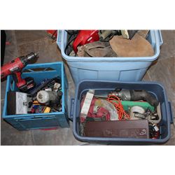 2 TOTES OF TOOLS AND TOOLBELTS