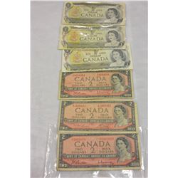 LOT OF SIX CANADIAN BILLS THREE ONE DOLLAR AND THREE TWO DOLLAR