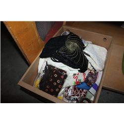 FOUR VINTAGE BEADED HAND BAGS AND TRAY OF ACCESSORIES