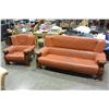 Image 1 : WOOD FRAMED LEATHER SOFA AND LOVESEAT