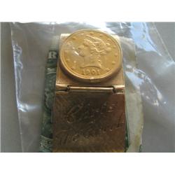 LOT, MONEY CLIP W/1901 $10 LIBERTY GOLD COIN & $10 INDIAN COIN W/$1 BILL