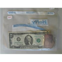 LOT, $5 SILVER CERT., $1 SILVER CERT., $2 BILL, (2) 1 OZ SILVER COINS, 1 OZ SILVER BAR