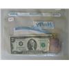 Image 1 : LOT, $5 SILVER CERT., $1 SILVER CERT., $2 BILL, (2) 1 OZ SILVER COINS, 1 OZ SILVER BAR