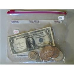 LOT, $1 SILVER CERT., $2 BILL, (6) 1 OZ SILVER MEDALLION & COINS