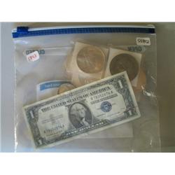 LOT, (8) 1 OZ SILVER COINS, 1957A $1 SILVER CERTIFICATE & KENNEDY HALF