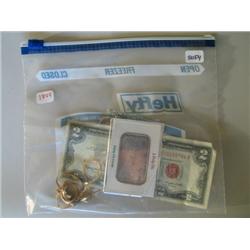 1963 $2 BILL, 2 TROY OZ SILVER & MISC JEWELRY