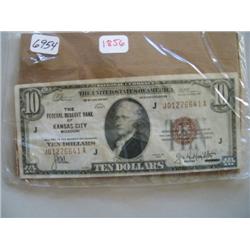 LOT, PAPER MONEY: SERIES OF 1929 NATIONAL CURRENCY $10 NOTE DRAWN ON FEDERAL RESERVE BANK OF KANSAS 