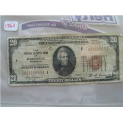 $20 FEDERAL RESERVE NOTE (STAMPED BANK OF MINNEAPOLIS)