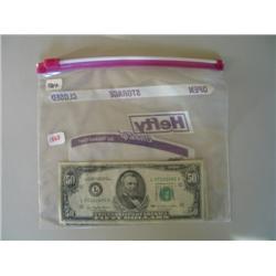 LOT, PAPER CURRENCY: 1977 $50 NOTE, (2) 1934A $5 SILVER CERT (3) $1 SILVER CERT (1 TORN)