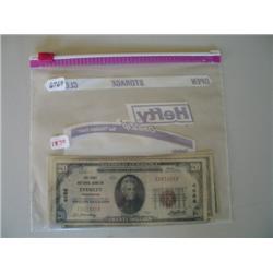 LOT, 1929 $20 NAT'L CURRENCY, (3) 1934 SERIES $10 NAT'L CURRENCY & $1 SILVER CERT.