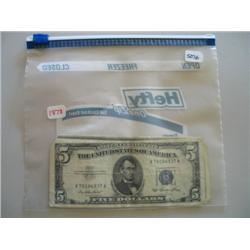 LOT, (3) 1957 $1 SILVER CERT., 1953 $5 SILVER CERT., 1976 $2 BILL