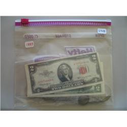 LOT, (2) $2 BILLS & ASSORTED COINS