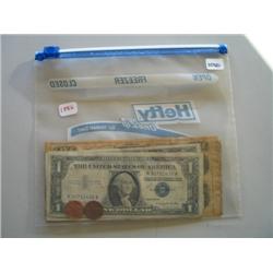 LOT, PAPER CURRENCY: (5) $1 SILVER CERT., (3) $2 BILLS & FOREIGN CURRENCY