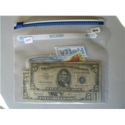 LOT, (5) $1 SILVER CERTS., (8) $2 NOTES, $5 SILVER CERT., (2) $5 NOTES & STAMPS