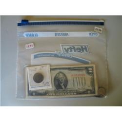 LOT, $2 BILL 1928, (2) 1957 $2 BILL & MISC COINS